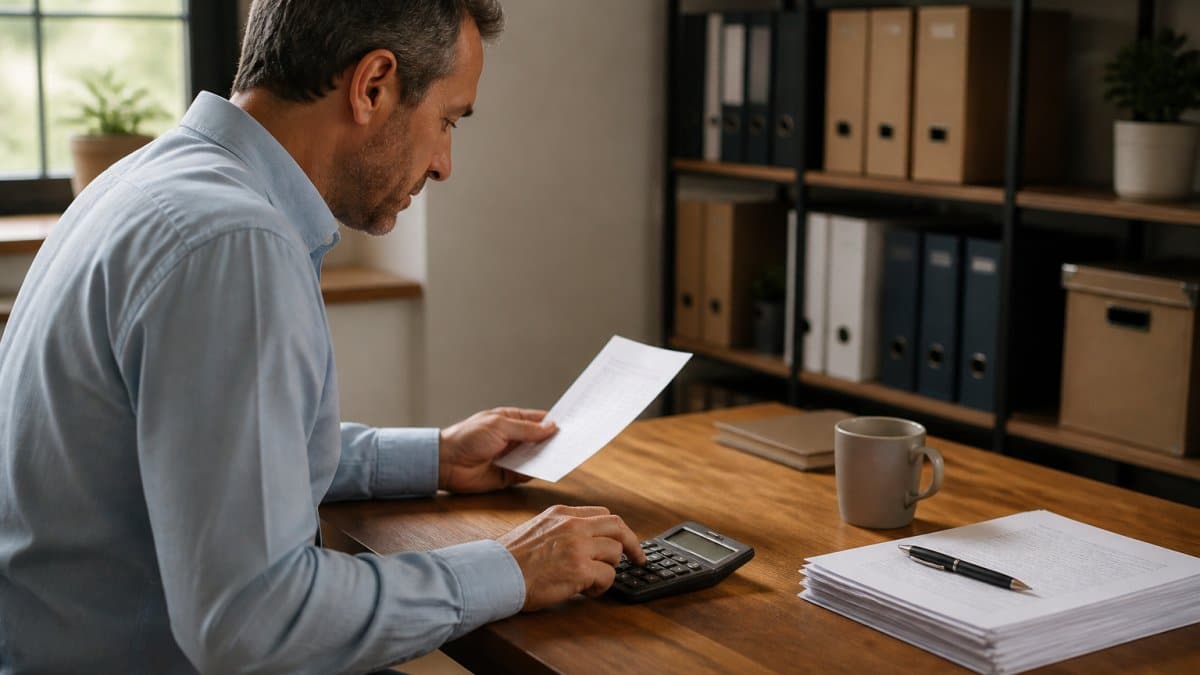 Small business owner at desk reviewing payroll data on computer screen with calculator and documents nearby