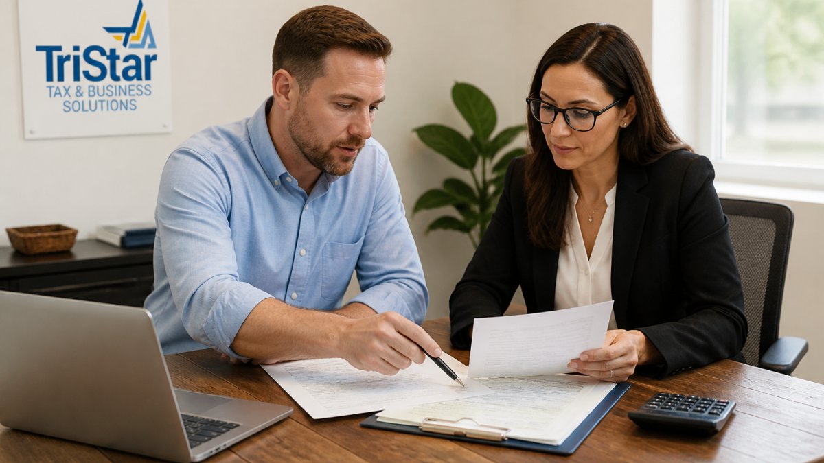 A business owner and a tax professional reviewing financial documents together at a wooden desk in a bright office, with a laptop and calculator nearby