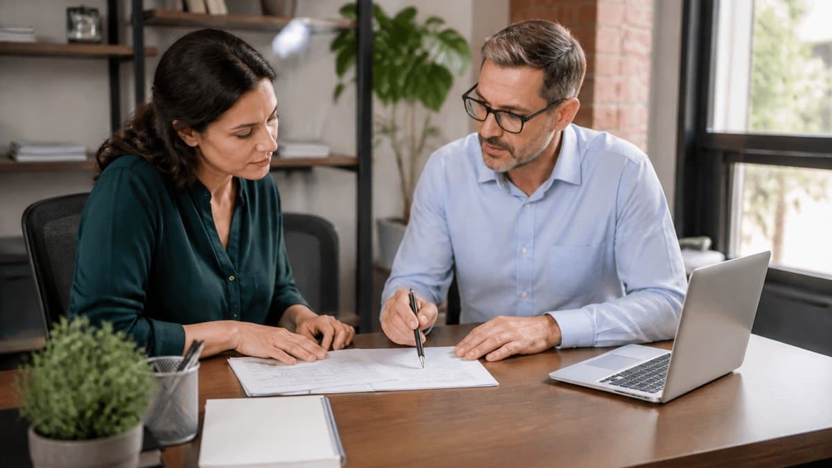 A small business owner sitting across a desk from an accountant in a warm, locally owned office, reviewing printed financial statements together with a laptop open beside them
