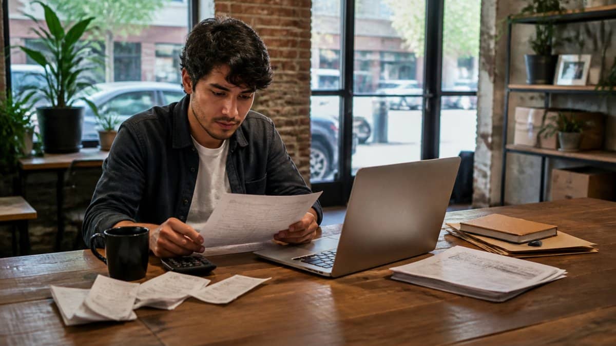 Young entrepreneur reviewing financial records and bookkeeping for Germantown startup in a bright office.