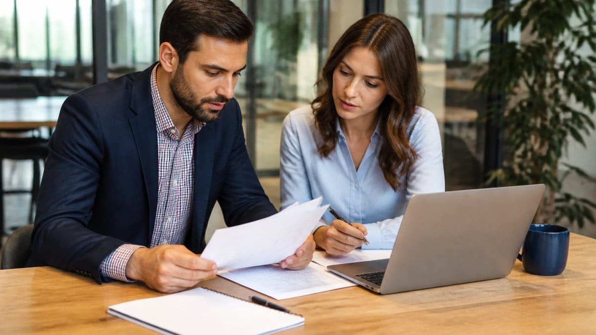Two business professionals reviewing financial documents and a laptop at a wooden table in a bright office, with a notebook and coffee nearby