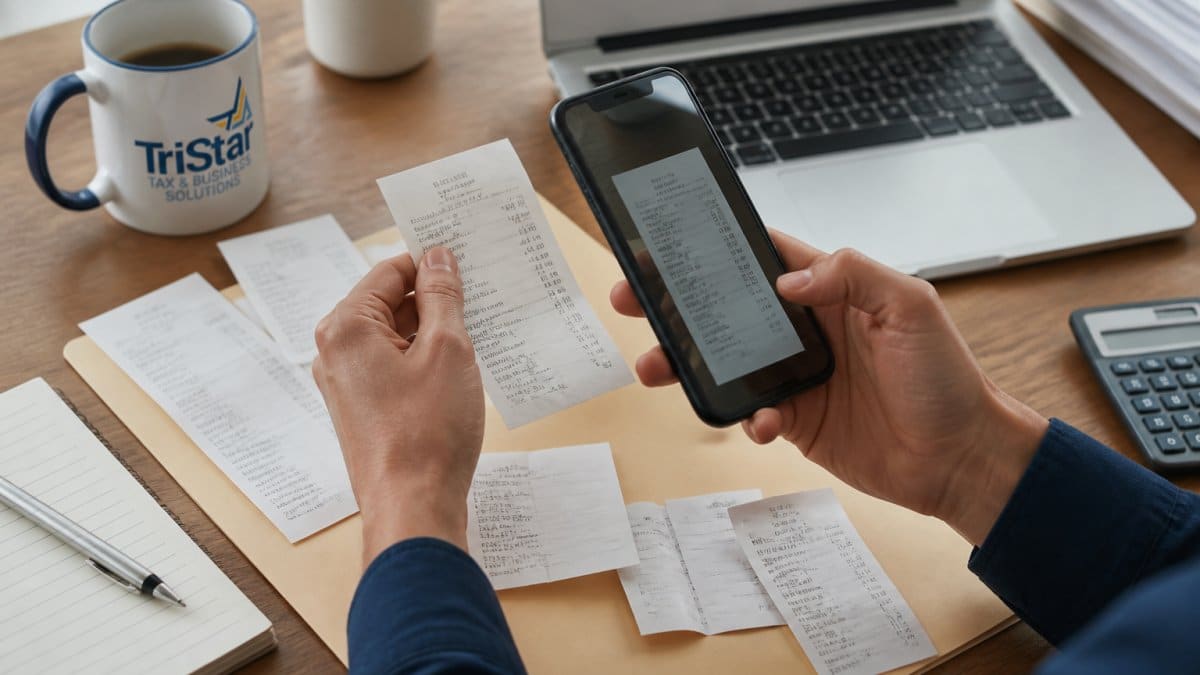 Close-up of hands scanning a paper receipt with a smartphone app on a tidy desk, laptop and coffee cup nearby