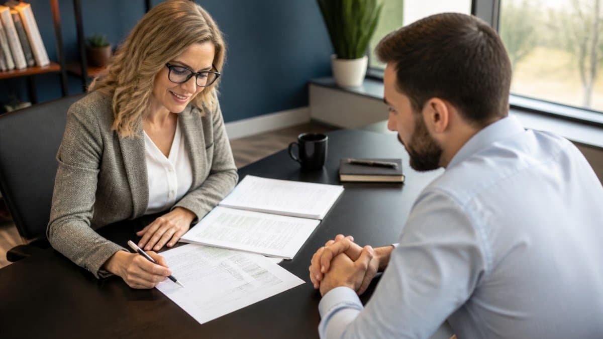 Business owner and tax professional sitting across a modern desk reviewing documents and financial statements during a consultation meeting