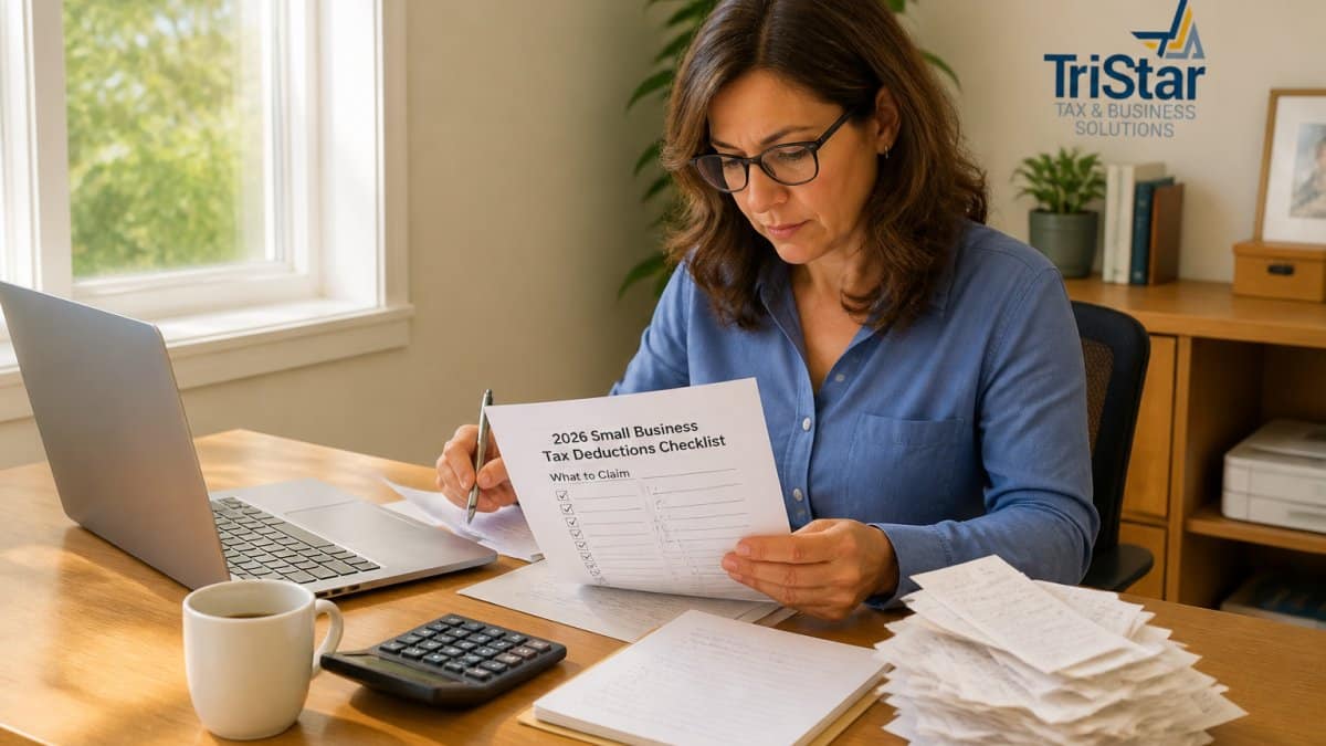 A small business owner at a wooden desk reviewing a printed tax deductions checklist beside a laptop, with a stack of receipts and a calculator in a bright home office with morning light