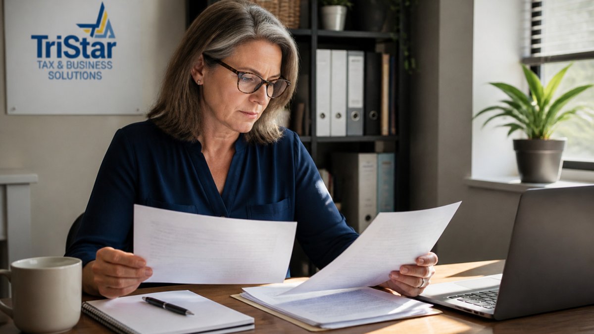 Nonprofit administrator reviewing payroll services paperwork at a sunlit office desk